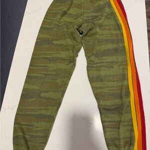 Aviator Nation Olive Camo Joggers with Rainbow Side Stripes